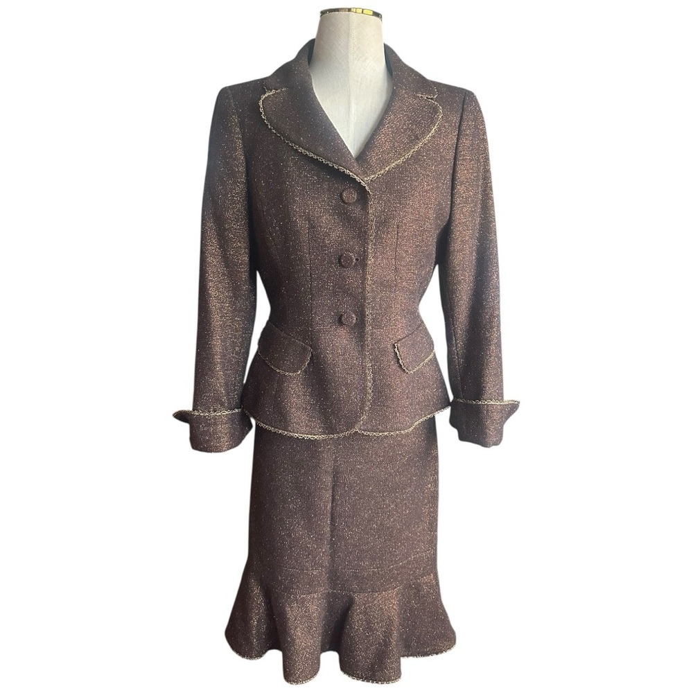 Nipon Boutique Bronze Metallic Tweed Skirt Suit Set Wool Blend Size 4